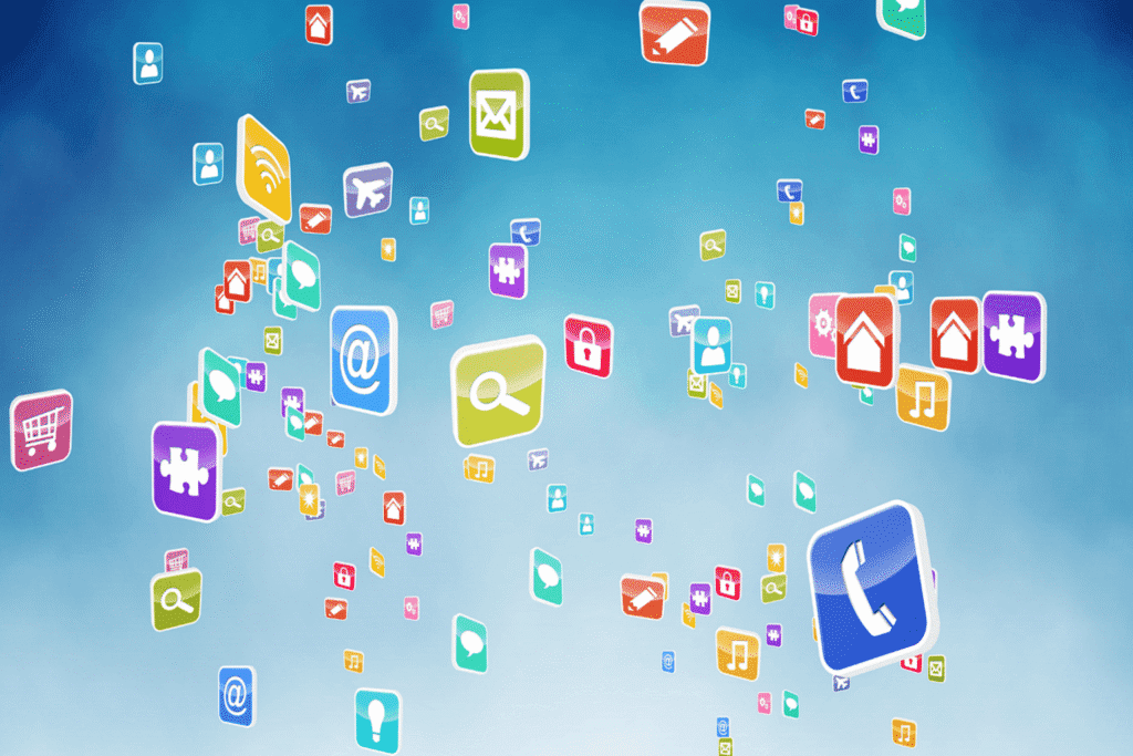 Various colorful app icons floating in digital space, symbolizing cross-platform integration and online service connectivity