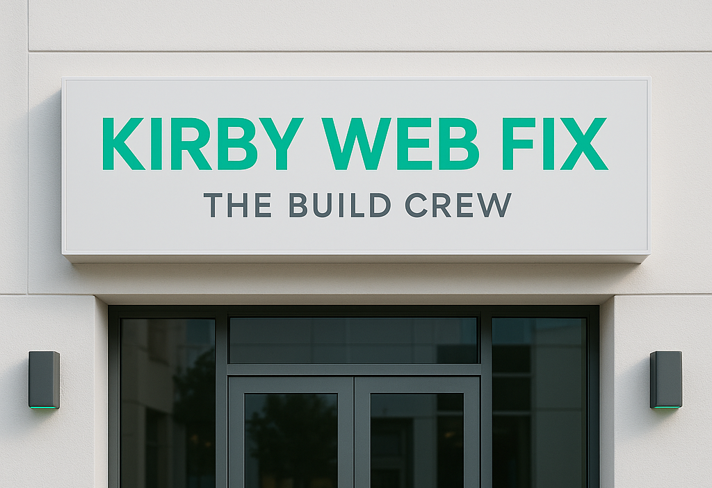 Kirby Web Fix branding sign with 'The Build Crew' slogan representing web support services
