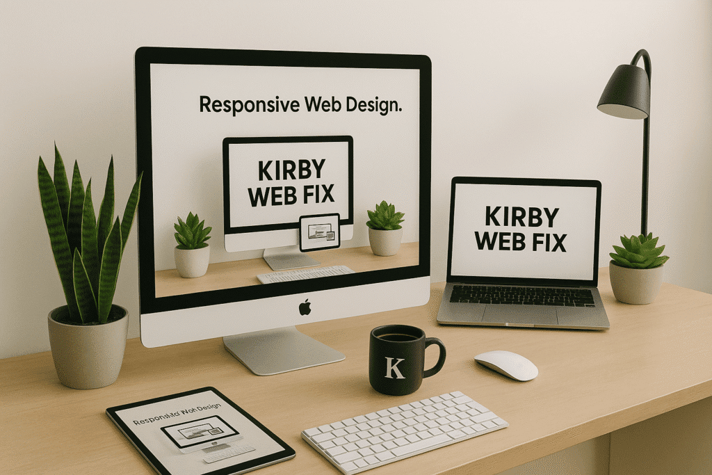 Kirby Web Fix branding shown on desktop, laptop, and tablet screens, emphasizing responsive web design across all devices