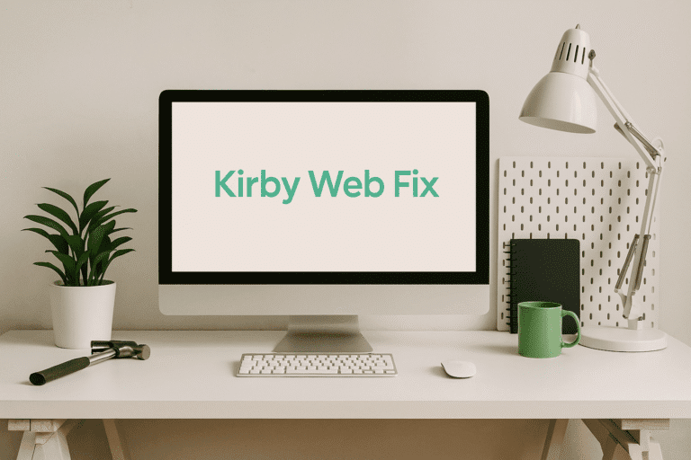 Modern home office desk with Kirby Web Fix branding on screen, representing clean website design and professional web support