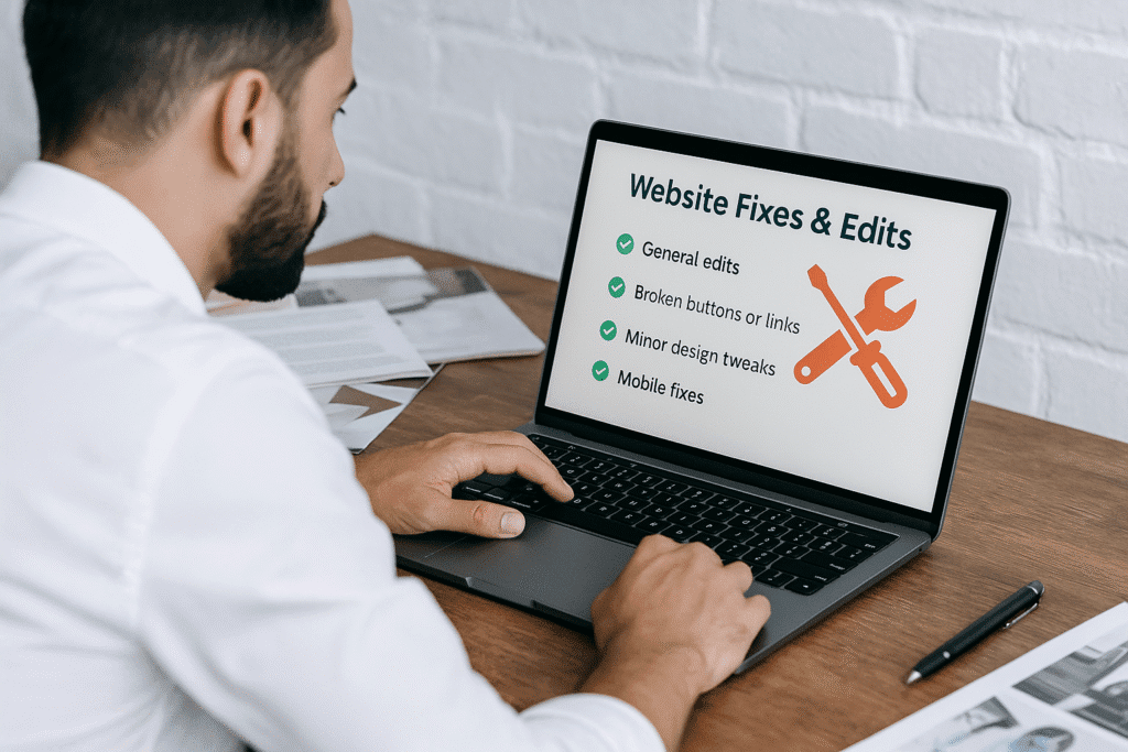 Man viewing website fixes and edits list on laptop, including mobile fixes, design tweaks, and broken button repairs