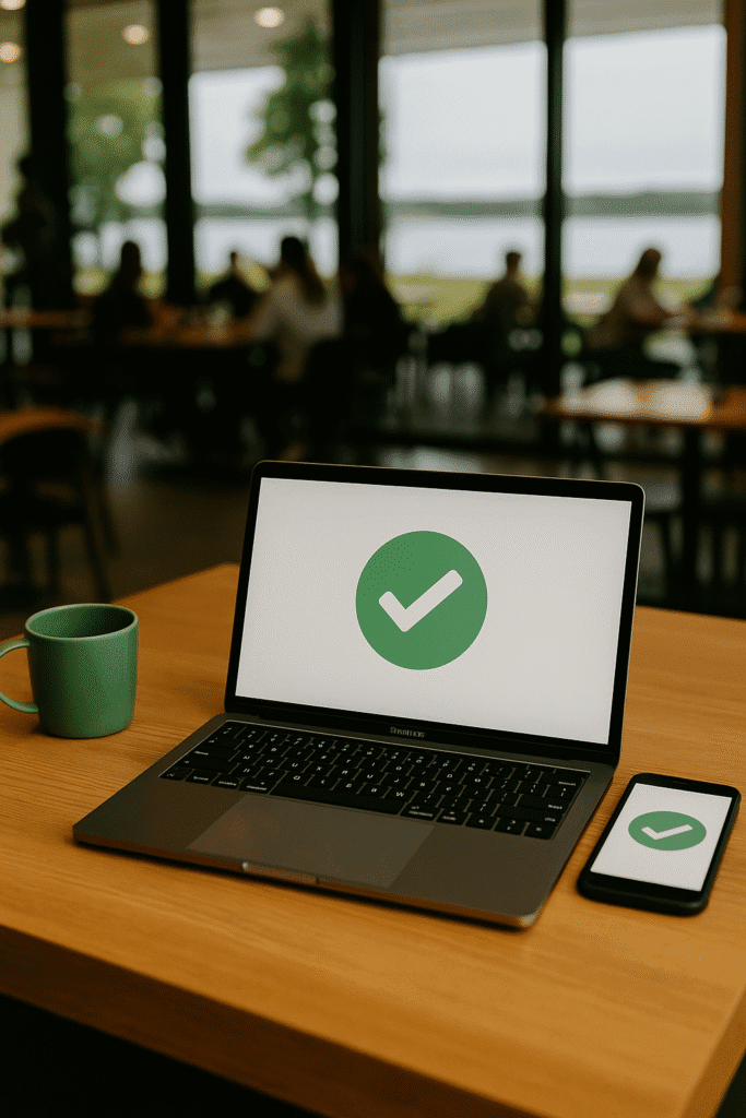 Laptop and smartphone on table with green checkmark displayed on screens, coffee cup nearby in modern cafe setting