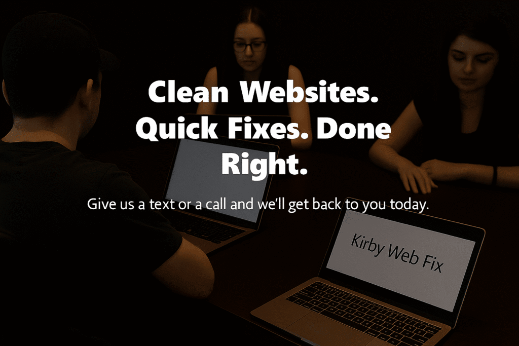 Team collaborating with Kirby Web Fix laptop and overlay text promoting clean websites and fast fixes